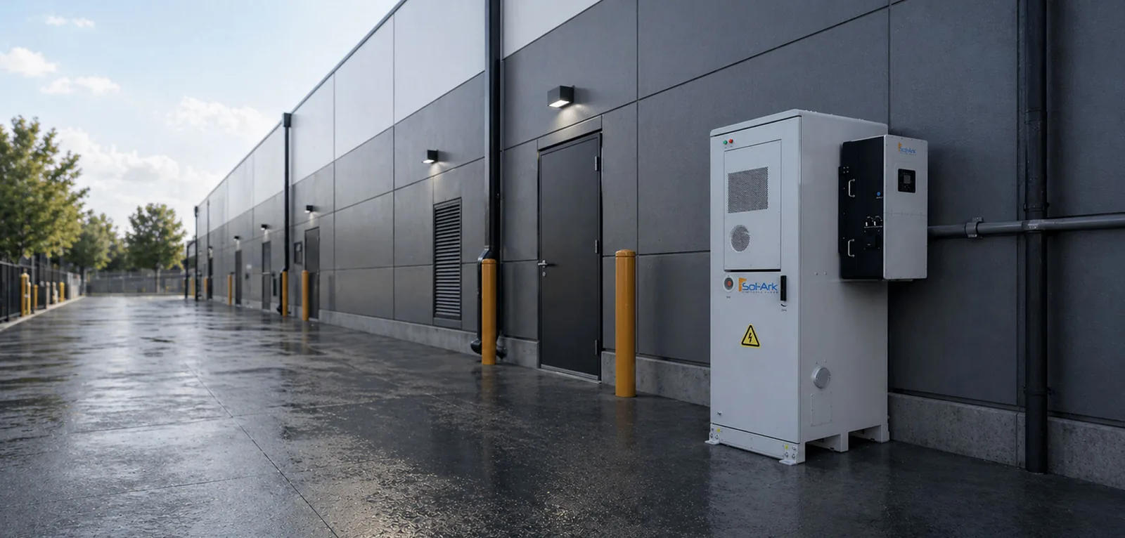 Système de stockage commercial Sol-Ark installé à l'extérieur d'un bâtiment (photo : Sol-Ark)