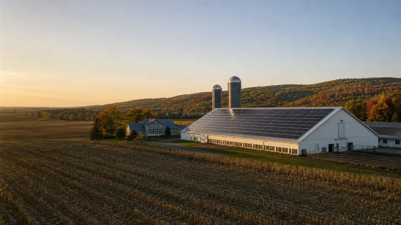 Illustration : ferme laitière de la plaine de Lanaudière au coucher du soleil, panneaux solaires sur le toit de l'étable, contreforts des Laurentides en arrière-plan