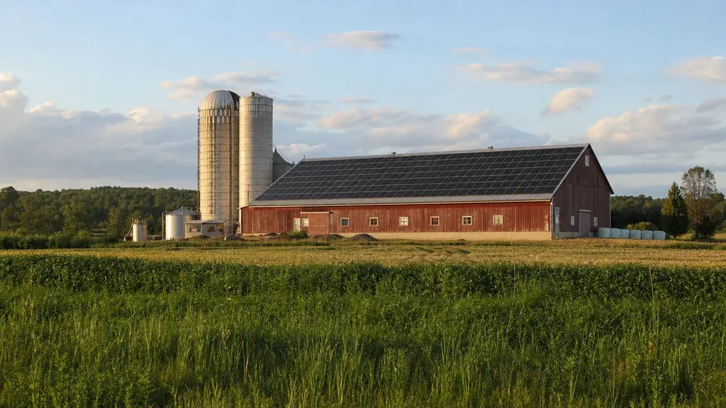 Illustration : grange de ferme laitière avec panneaux solaires sur le toit