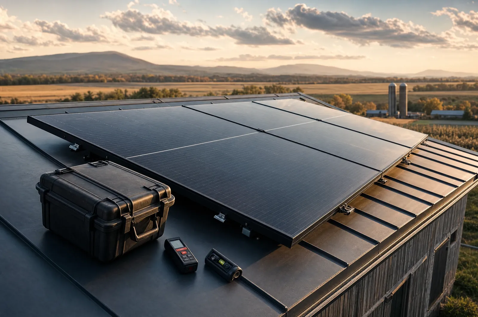 Illustration : toit en tôle d'une ferme de Lanaudière, panneaux solaires neufs et instruments de relevé du toit