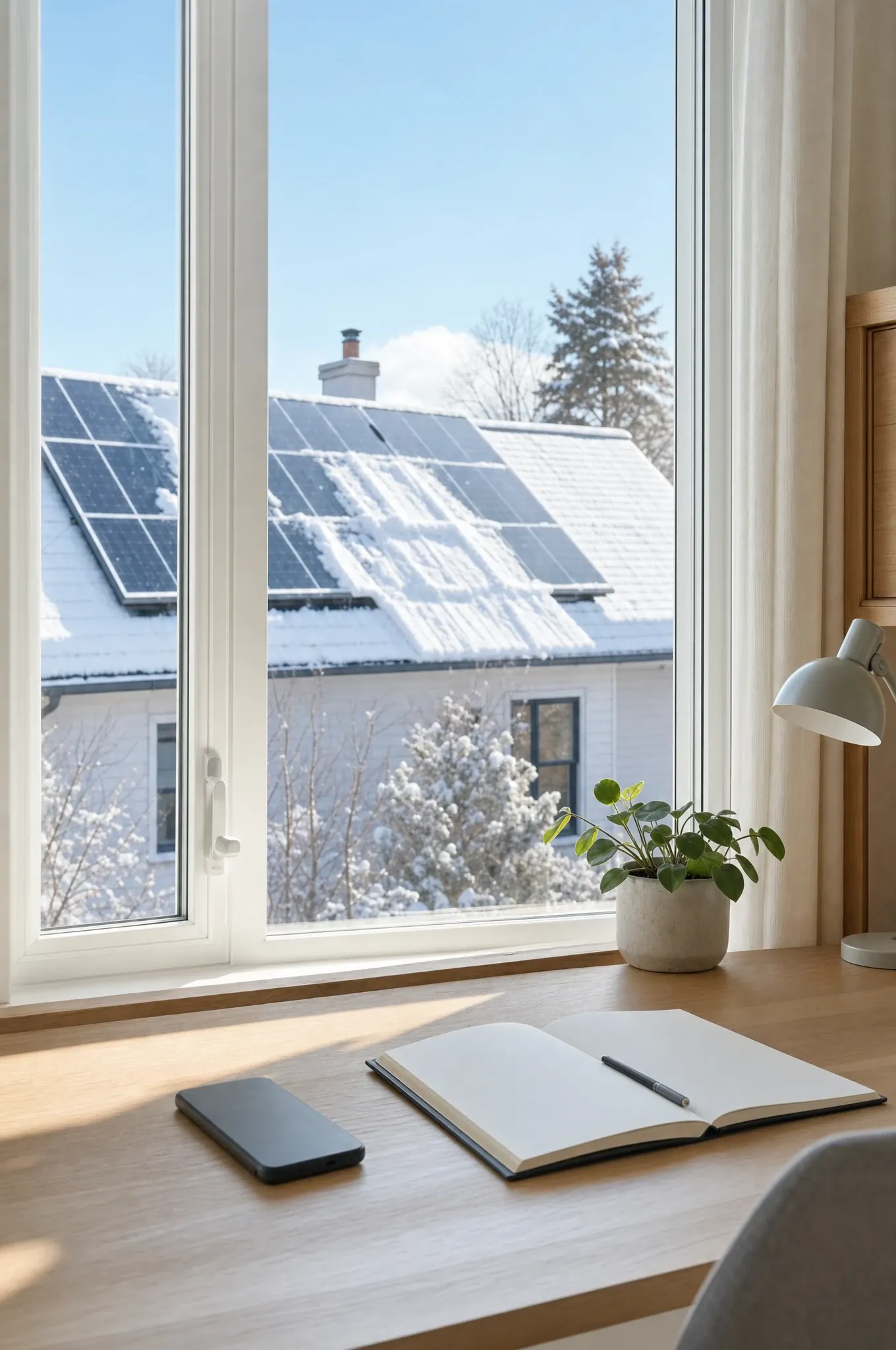 Illustration : bureau à domicile en hiver, toit solaire enneigé par la fenêtre