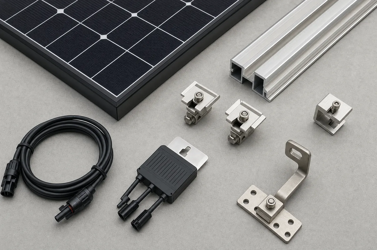 Illustration : panneau solaire, rail, pinces et câbles de montage disposés sur un établi