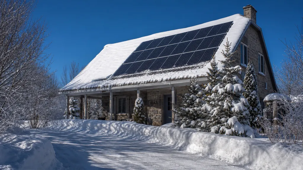 Illustration : maison québécoise en hiver, panneaux solaires au toit qui se dégagent de la neige