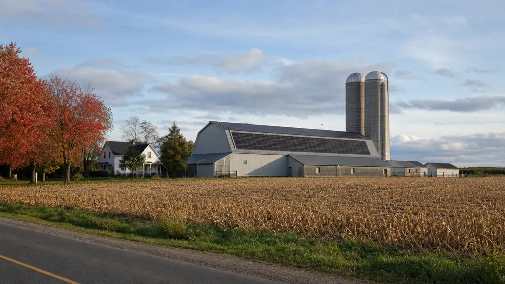 Illustration : ferme laitière de la plaine de Joliette, panneaux solaires sur le toit de la grange