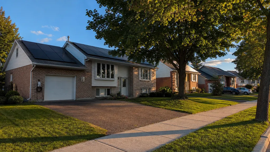Illustration : rue résidentielle de Repentigny, panneaux solaires sur le toit d'une maison
