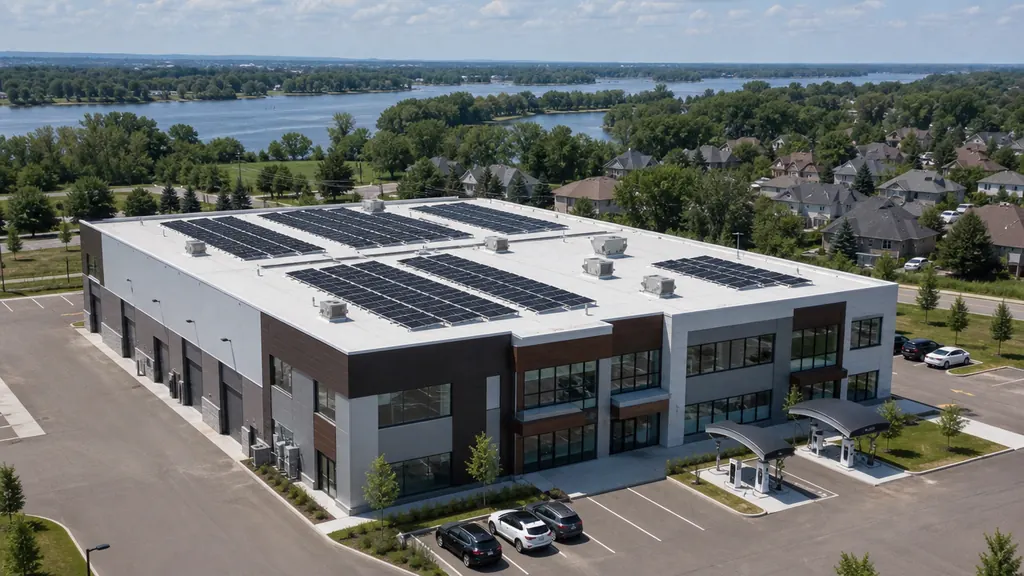 Illustration : bâtiment commercial de Terrebonne, panneaux solaires sur le toit plat