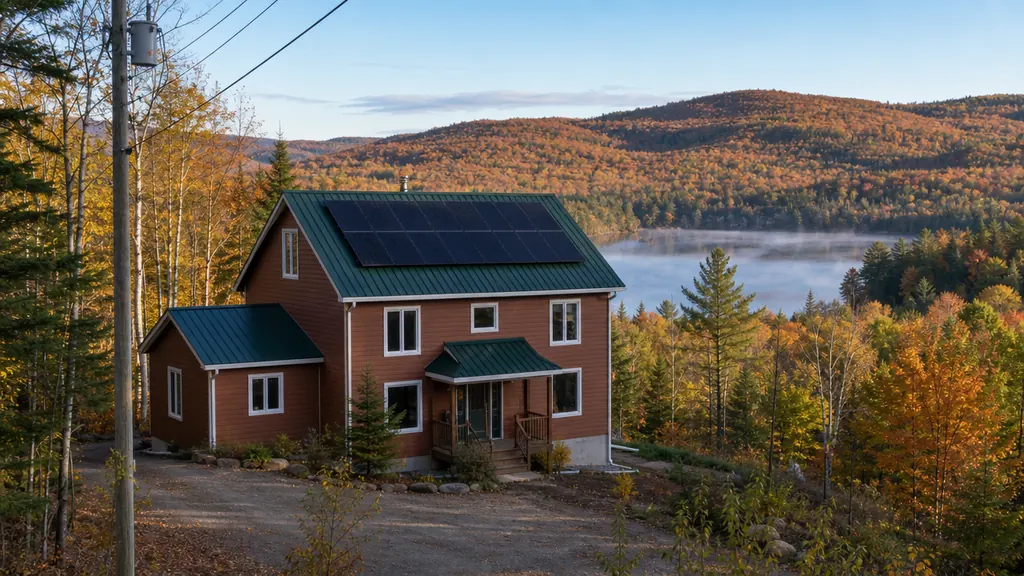 Illustration : maison des contreforts de la Matawinie, panneaux solaires sur le toit en tôle