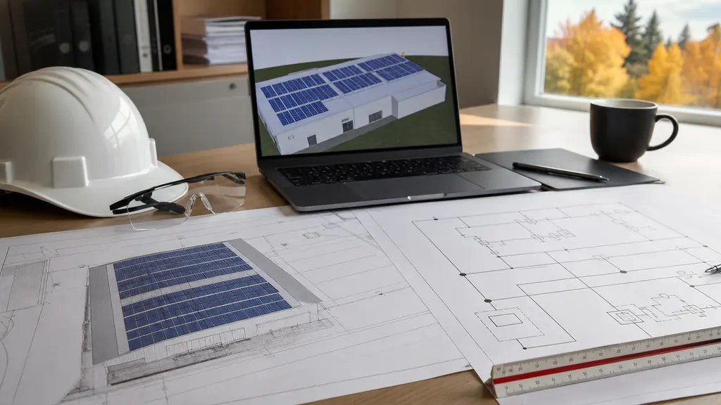 Illustration : plans d'ingénierie d'un toit solaire sur un bureau