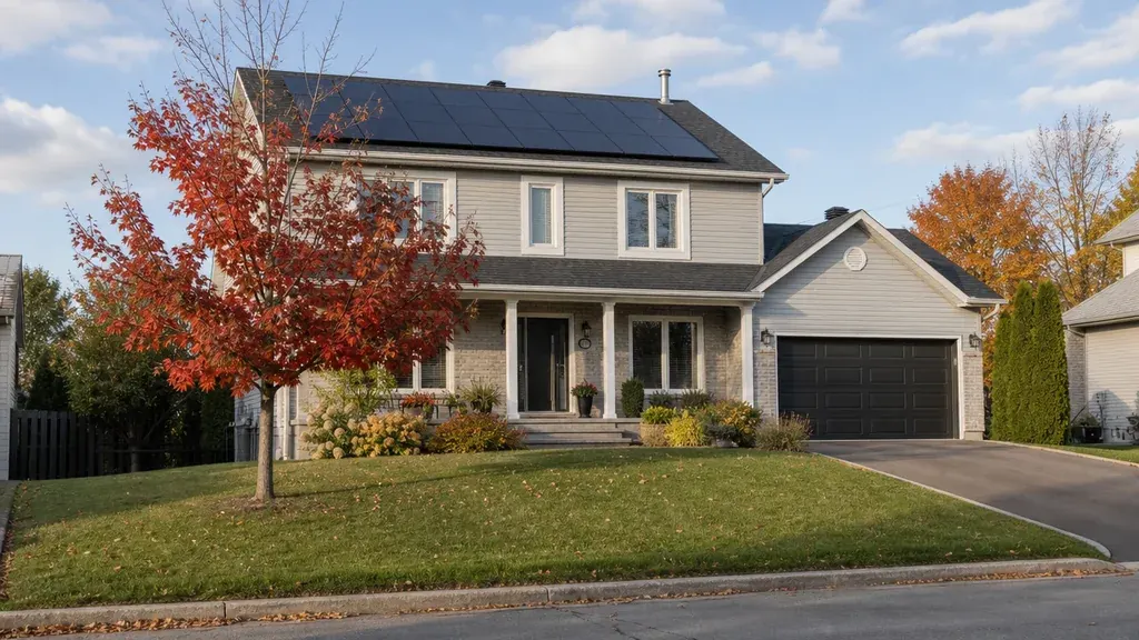 Illustration : maison québécoise avec panneaux solaires sur le toit