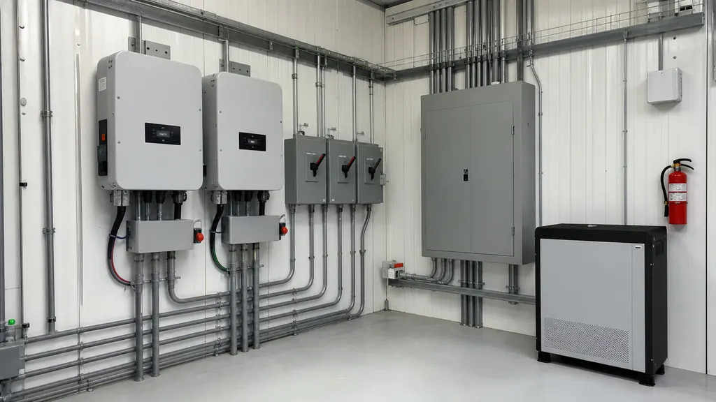 Illustration : onduleurs triphasés et sectionneurs dans une salle électrique