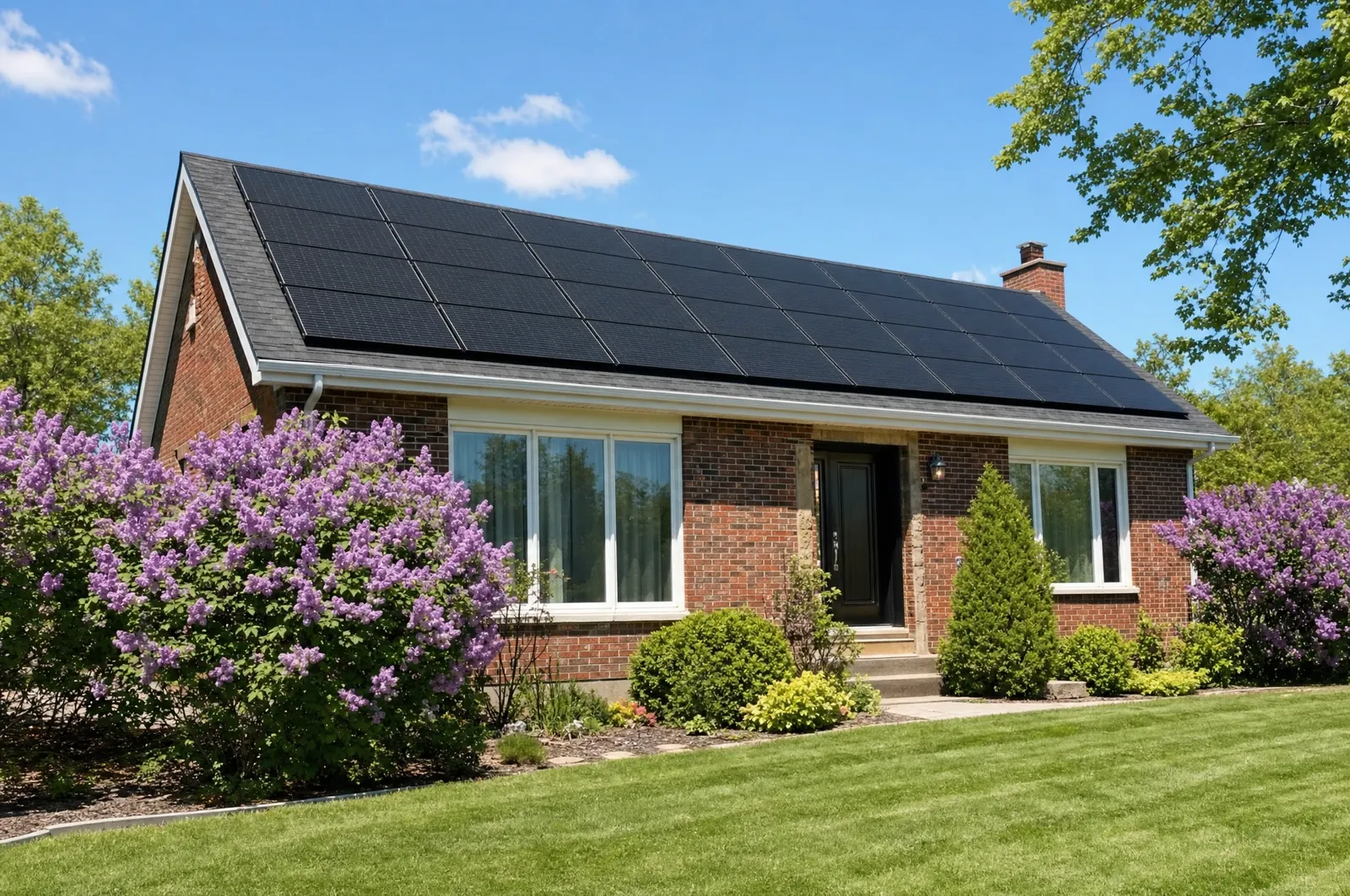 Illustration : bungalow de brique au printemps, toit couvert de panneaux solaires neufs