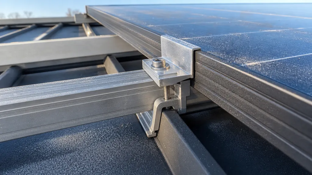 Illustration : pinces et rail de montage solaire sur un toit en tôle à joints debout