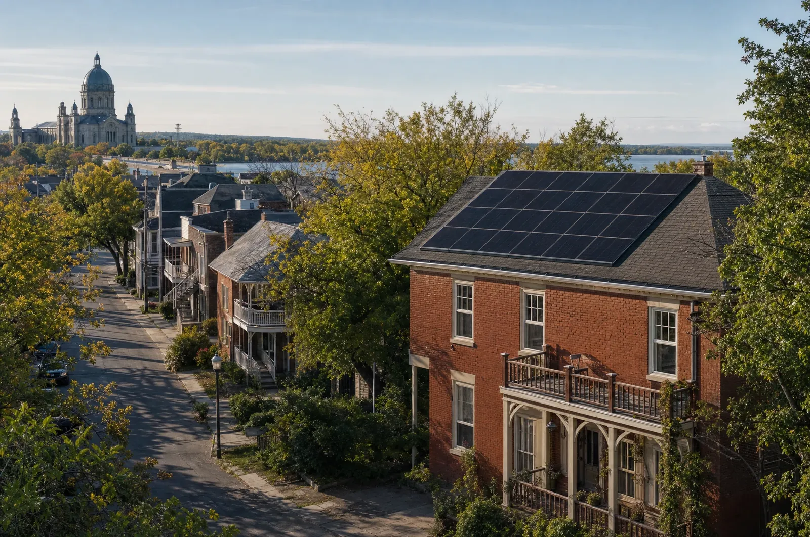 Illustration : rue de maisons de brique d'une ville riveraine, cathédrale au loin, panneaux solaires sur un toit