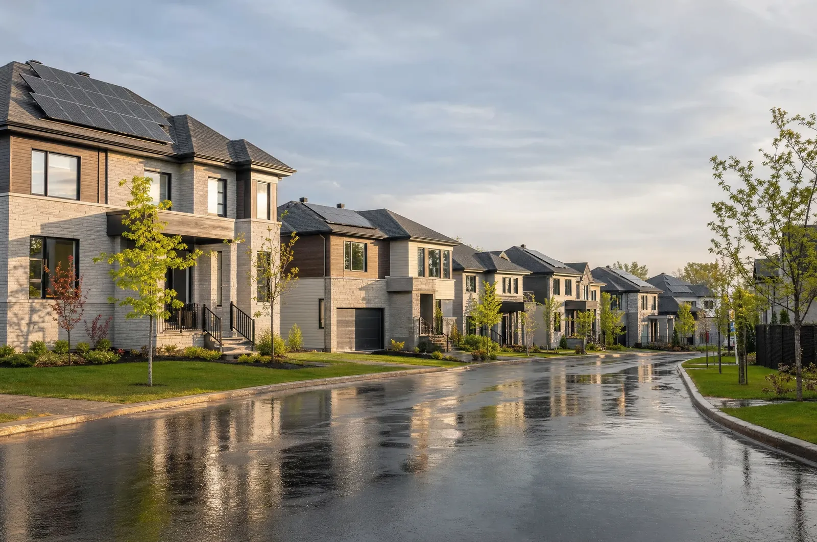 Illustration : quartier résidentiel récent au printemps, panneaux solaires sur plusieurs toits