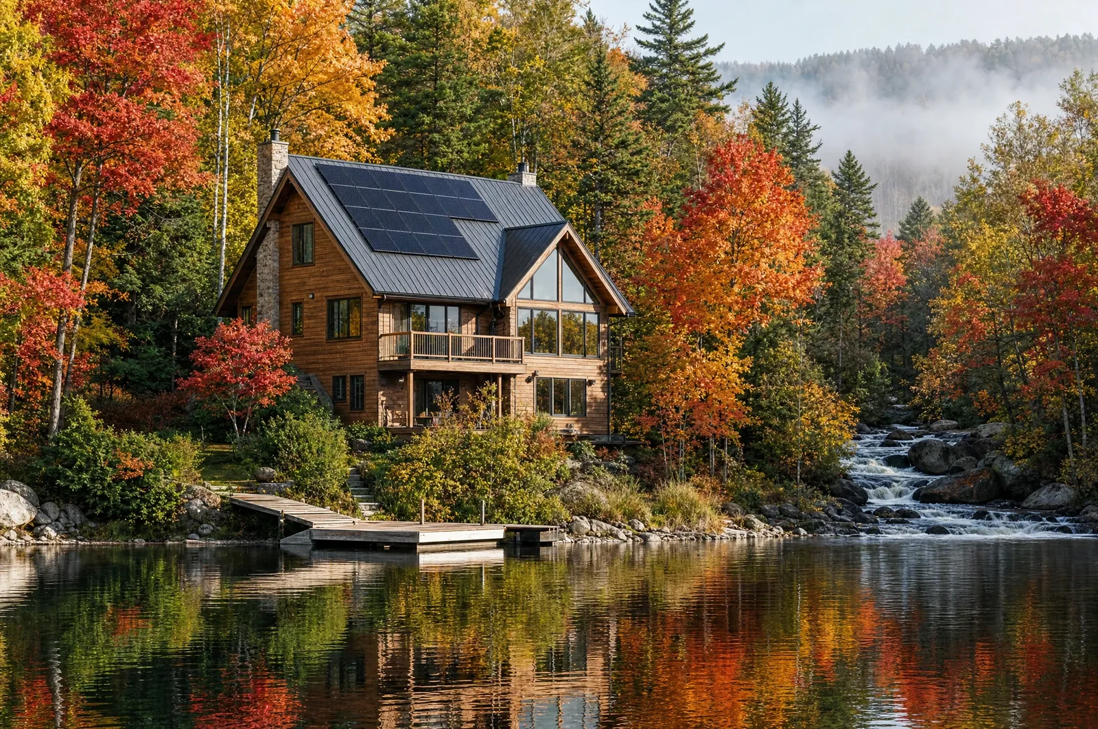 Illustration : chalet au bord d'un lac des contreforts laurentiens en automne, panneaux solaires au toit