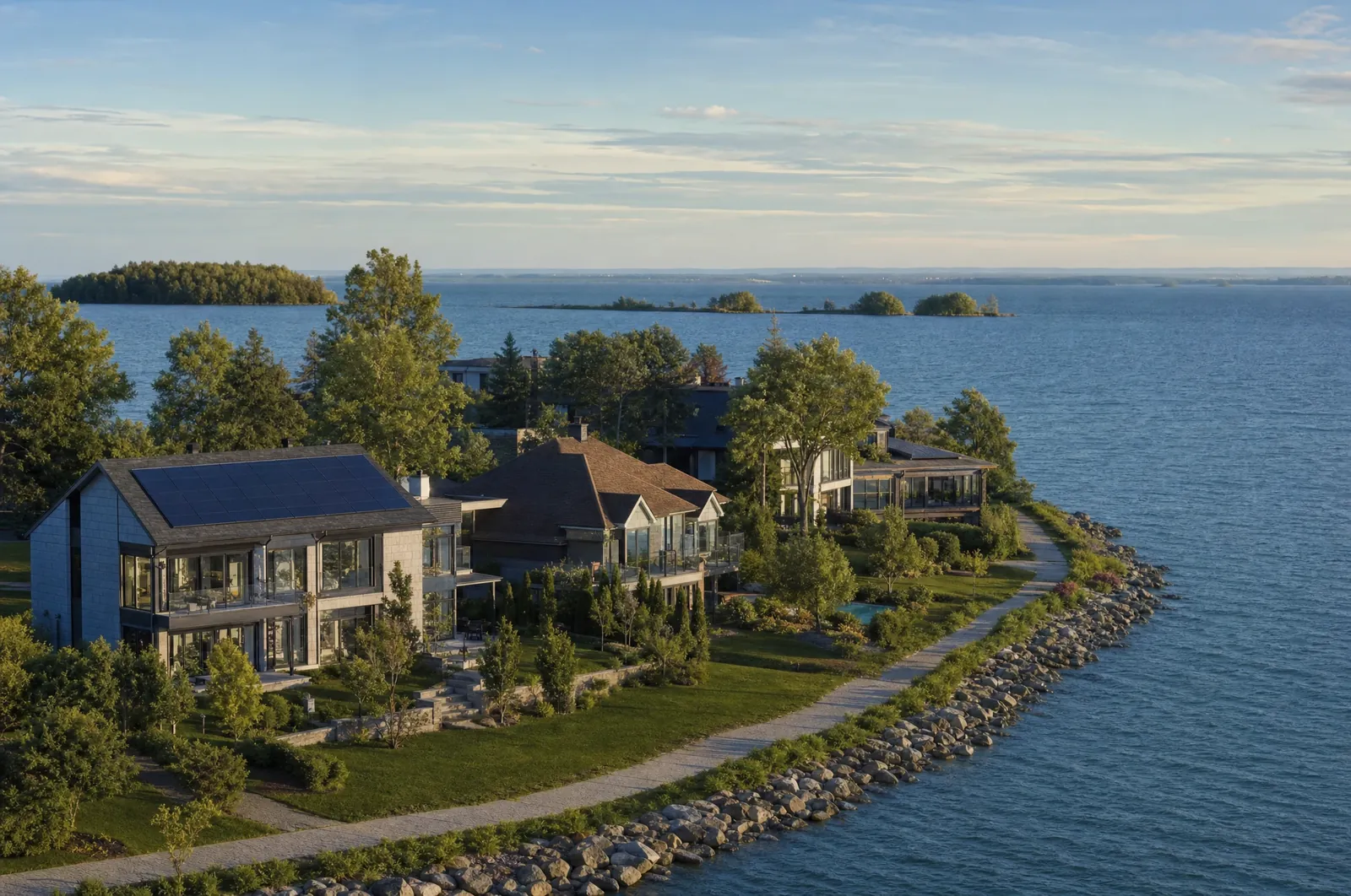 Illustration : maisons riveraines du Saint-Laurent, panneaux solaires sur un toit