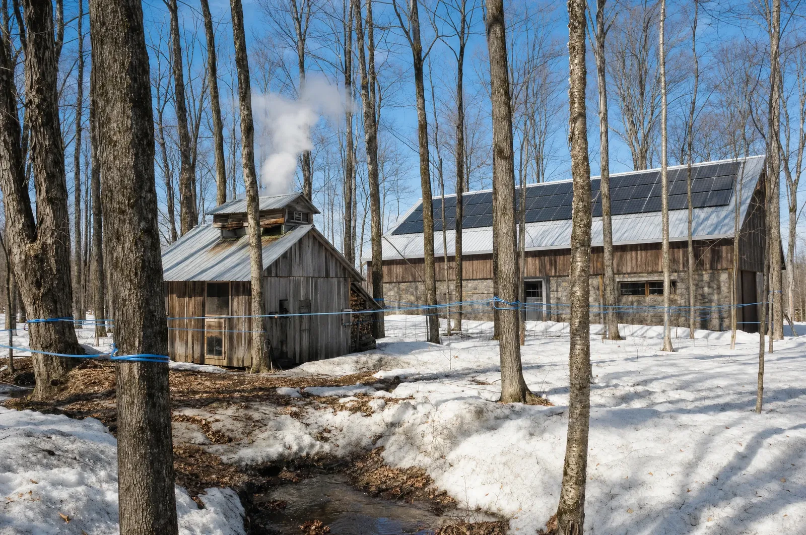 Illustration : érablière au printemps, cabane à sucre et bâtiment de production avec panneaux solaires au toit