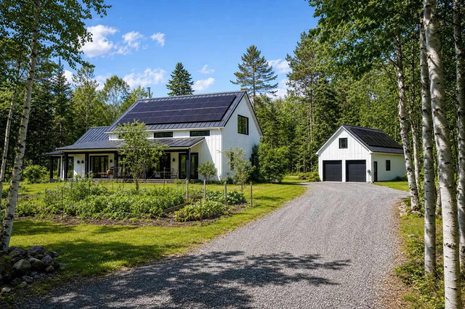 Illustration : maison de campagne sur un terrain boisé, panneaux solaires sur le toit en tôle
