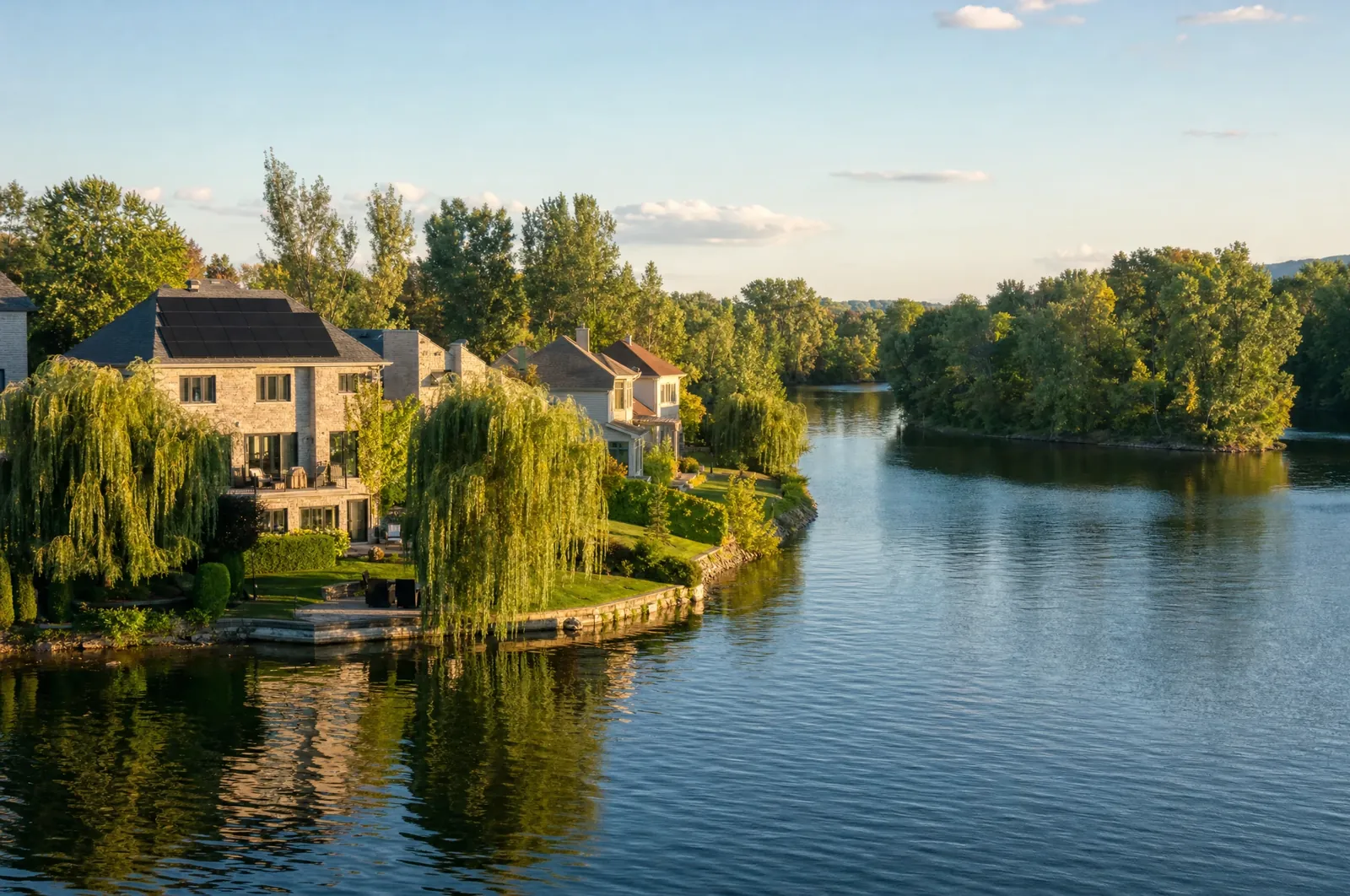 Illustration : maisons de pierre au bord d'une rivière, panneaux solaires sur un toit